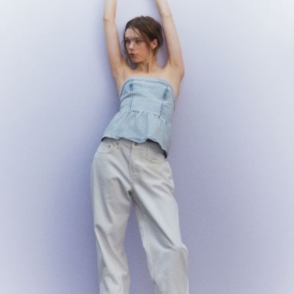 H&M Strapless Peplum Blue Denim Top - Sz XXS, 00 - Picture 4 of 5